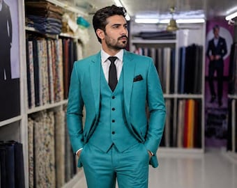 Custom Teal 3 Piece Men's Suit, Made to Measure Wedding Groom Prom Formal Wear