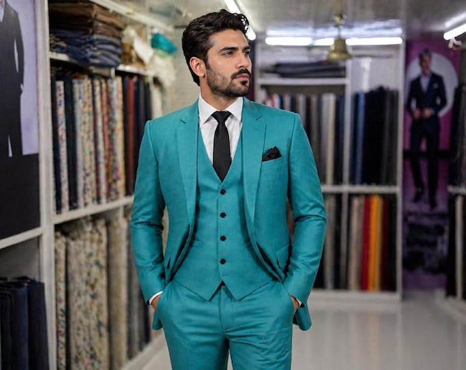 Custom Teal 3 Piece Men's Suit, Made to Measure Wedding Groom Prom Formal Wear