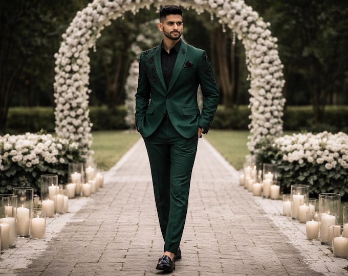 Emerald Attire Green Groom Jacket, Hand-Embroidered Black Floral Blazer, Custom Luxury Suit