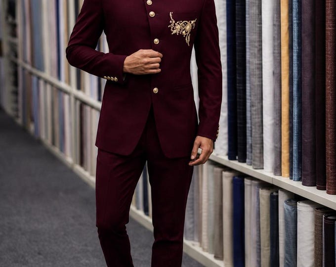 Custom Tailored Wine Jodhpuri Bandhgala Suit, Wool Blend Embroidery Menswear