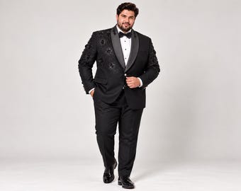 Custom Plus Size Tuxedo for Men, Made-to-Measure Wedding Groom Suit FLORAL WORK, Handcrafted Beads