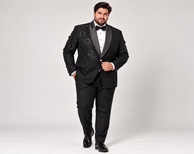 Custom Plus Size Tuxedo for Men, Made-to-Measure Wedding Groom Suit FLORAL WORK, Handcrafted Beads