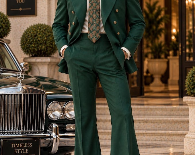Custom Tailored Forest Green Double-Breasted Suit | 70s Flared Trousers, Wide Peak Lapel