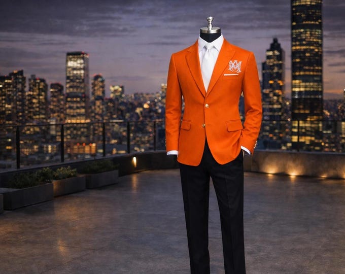 Men's Orange Prom Suit – Custom Tailored Blazer, Rhinestone Detail, Black Trousers