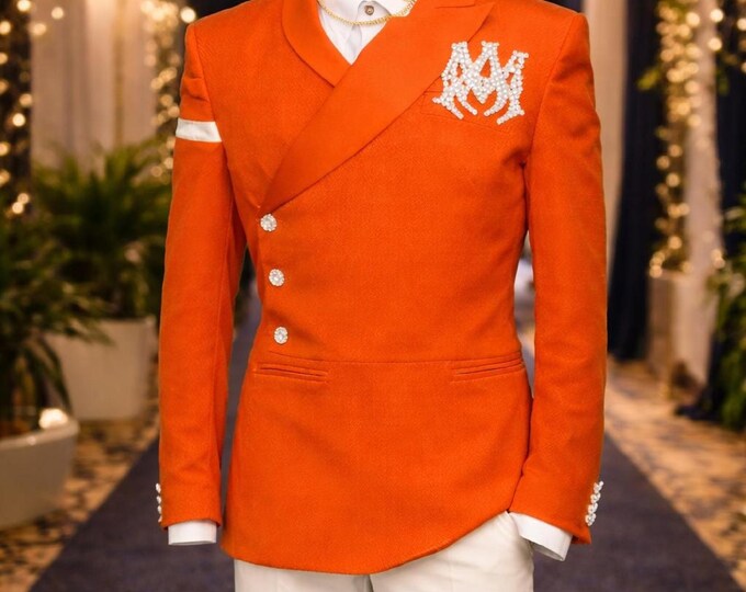 Handmade Orange Prom Suit, Custom Designer Blazer, White Trousers, Rhinestone Detail