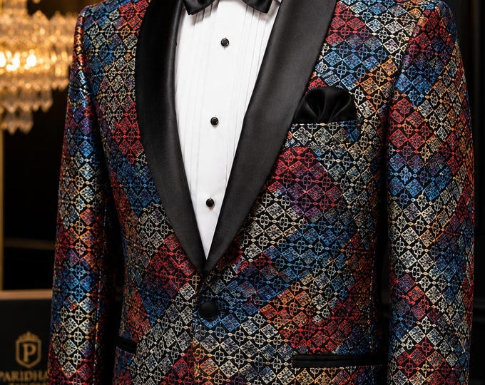 Multicolor Jacquard Tuxedo | Geometric Woven Pattern, Shawl Lapel Suit