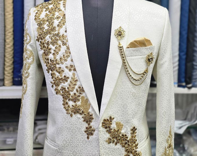 Ivory Groom Blazer | Gold Embroidered Indo Western Wedding Jacket