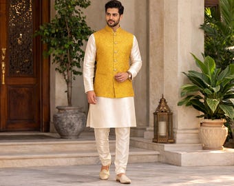 Embroidered Kosa Silk Nehru Jacket, Handmade Indian Waistcoat, Groom Ethnic Wear
