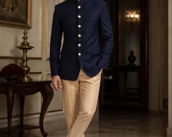 Navy Blue Bandhgala Suit for Mens, Jodhpuri  Wedding Ensemble, Custom Tailored Groom Outfit