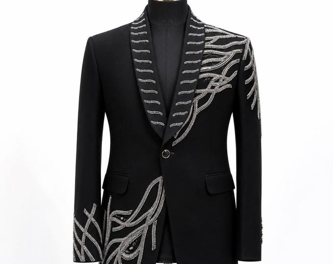 Black Tuxedo Jacket | Silver Embroidery, Shawl Lapel, Custom Fit