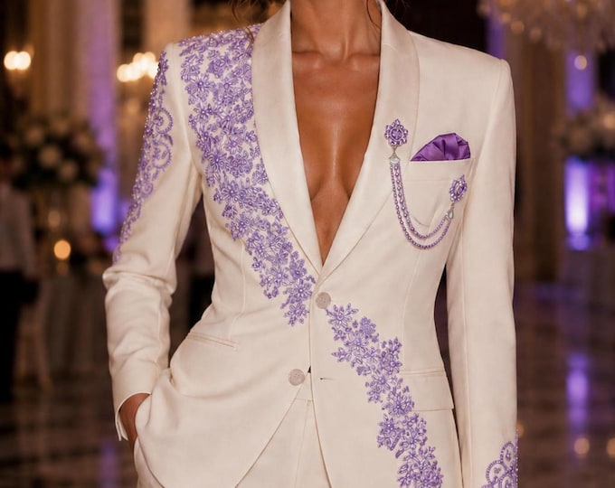 Ivory Embroidered Blazer and Trousers | Custom Bridal Reception Pantsuit