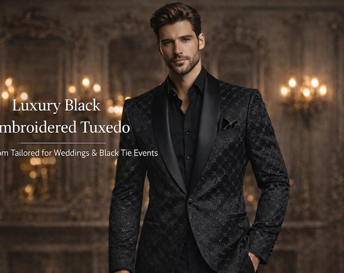 Black Prom Suit Applique Embroidered Tuxedo Jacket, Diamond Pattern, Custom Tailored for Weddings