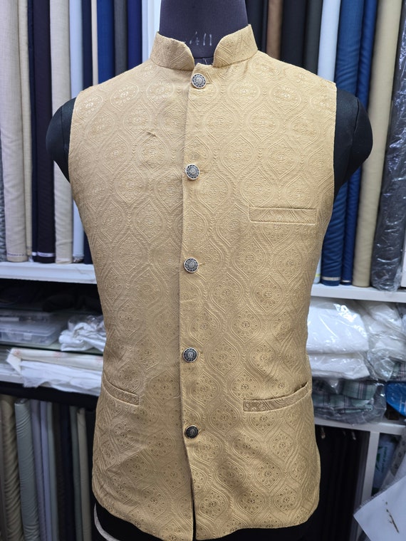 Beige Color Men s Embroidered Half Jacket Traditional Indian Jodhpuri Half Jacket