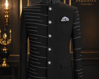 Black Bandhgala Jacket Men | Asymmetrical Stripe Design, Statement Buttons, Groom Outfit