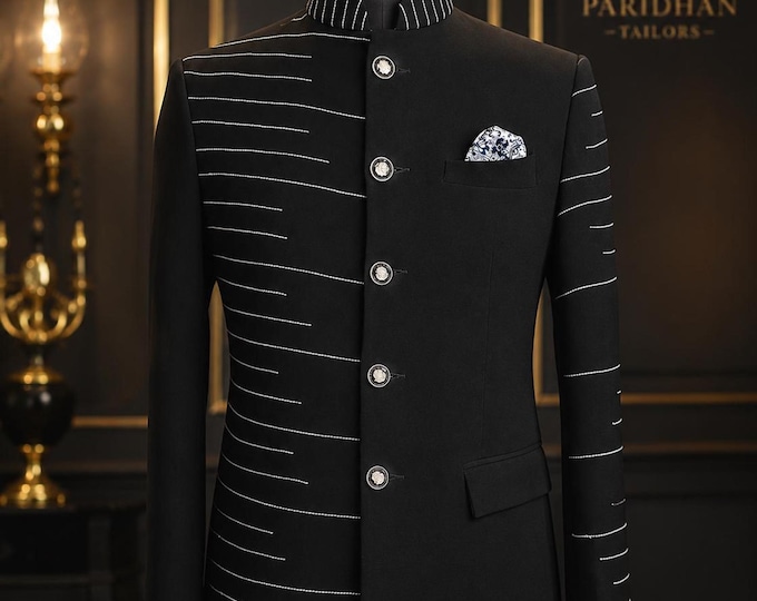 Black Bandhgala Jacket Men | Asymmetrical Stripe Design, Statement Buttons, Groom Outfit