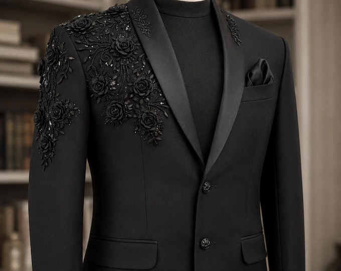 Black Floral Embroidered Groom Jacket | Custom Tailored Luxury Wedding Blazer