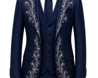 Navy Blue Rhinestone Suit – Crystal Embroidered Prom Tuxedo Blazer Set