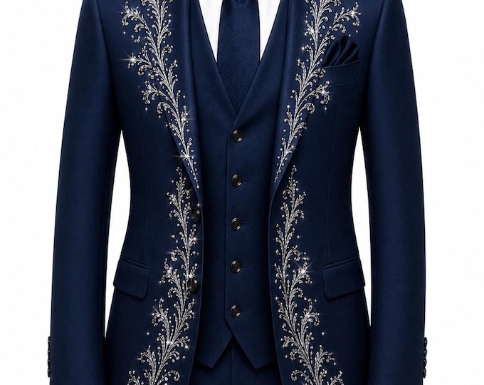 Navy Blue Rhinestone Suit – Crystal Embroidered Prom Tuxedo Blazer Set