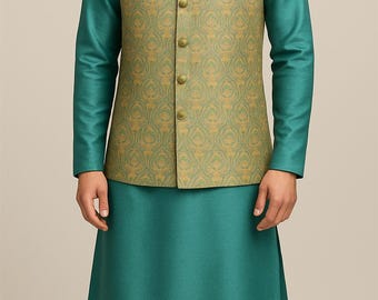 Paridhan TailorsBrocade Nehru Jacket Set – Aqua Silk Kurta Pajama, Shoes, Wedding Attire, Paridhan Tailors