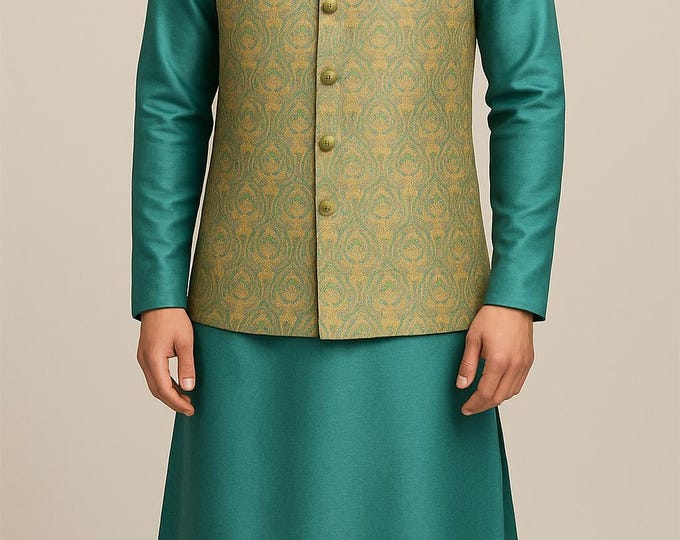 Paridhan TailorsBrocade Nehru Jacket Set – Aqua Silk Kurta Pajama, Shoes, Wedding Attire, Paridhan Tailors