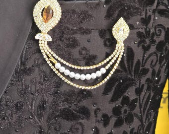 Amber Topaz Men's Brooch Pin: Crystal Pearl Wedding Lapel Accessory Paridhan Tailors