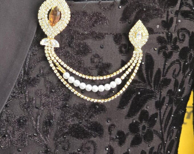 Amber Topaz Men's Brooch Pin: Crystal Pearl Wedding Lapel Accessory Paridhan Tailors