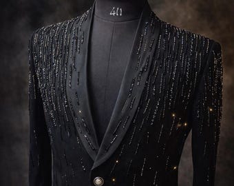 Black Groom Tuxedo Men, Rhinestone Shawl Lapel, Crystal Embellished Prom Blazer