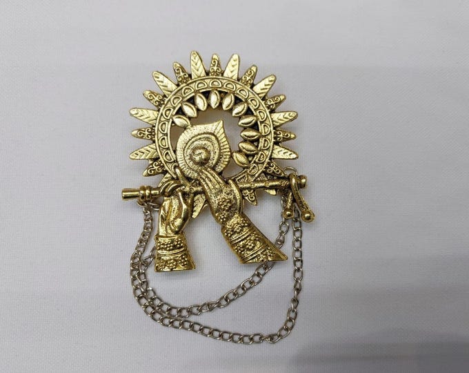 Handcrafted Krishna Brooch - Antique Gold Finish, Indian Wedding Attire