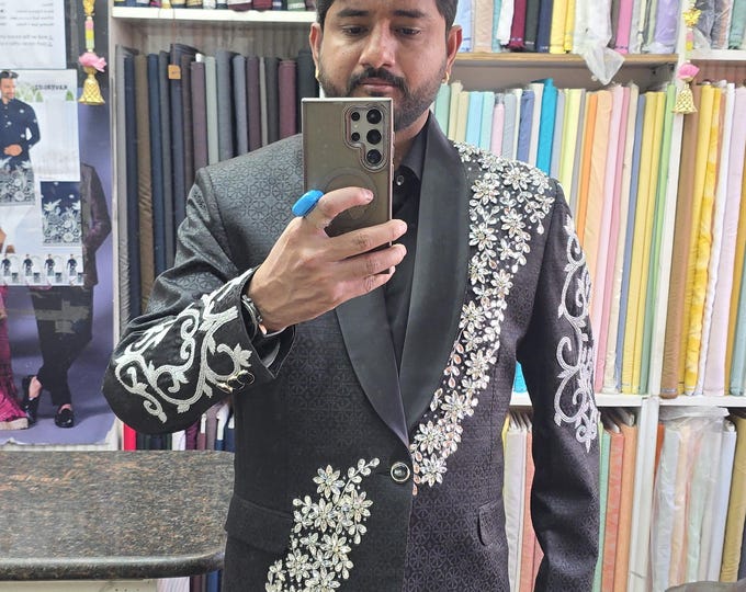 Black Two-Button Suit with Silver Embroidery | Custom Prom Wedding Men's Tailoring