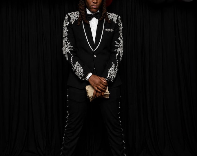 Men's Black Rhinestone Suit | Handmade Crystal Embellished Tuxedo, Prom, Wedding Menswear