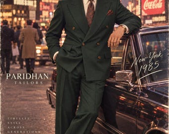 Men's Forest Green Double Breasted Suit, Retro Wedding Outfit, Custom Tailored Wool Formalwear