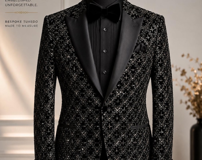 Mid Night Luxe Tuxedo for Men, Handcrafted Embellished Wedding Suit, Prom Jacket for Man