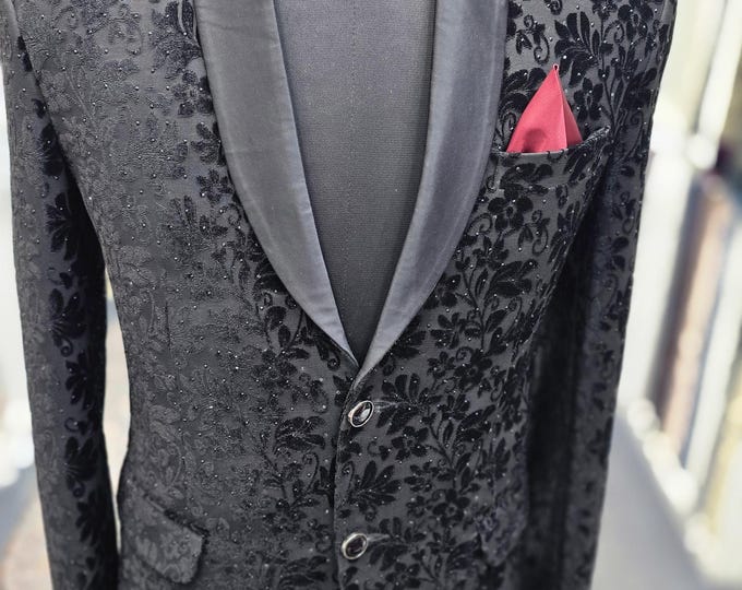 Paridhan TailorsBlack Velvet Tuxedo Blazer: Floral Damask, Satin Lapel - Paridhan Tailors