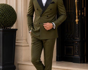 Olive Green Double Breasted Tuxedo, 6 Button Peak Lapel Suit, Bespoke Formal Wear