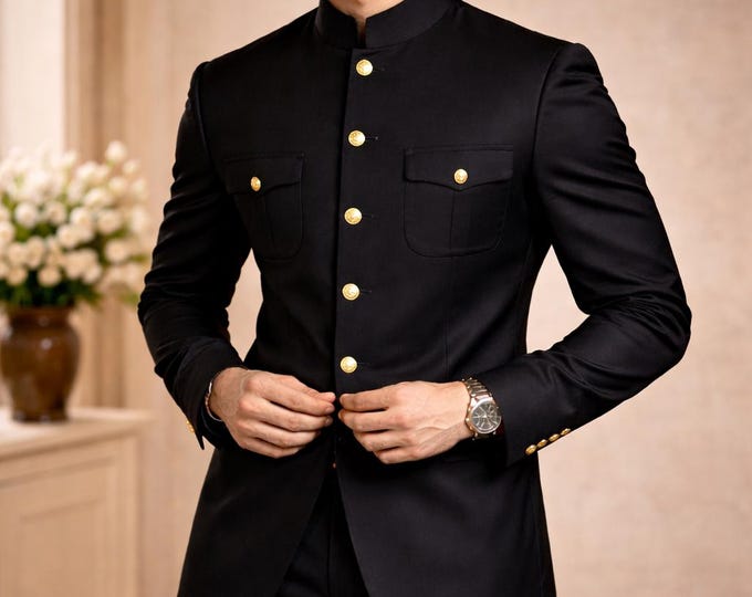 Black Mandarin Collar Blazer: Golden Button Jodhpuri Suit Paridhan Tailors