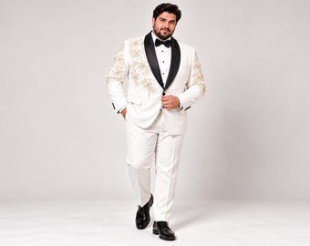 Custom Plus Size Tuxedo for Men, Made-to-Measure Wedding Groom Suit FLORAL WORK, Handcrafted Beads