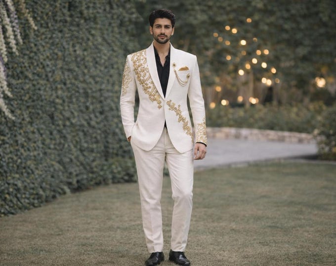 Ivory Groom Blazer | Gold Embroidered Indo Western Wedding Jacket