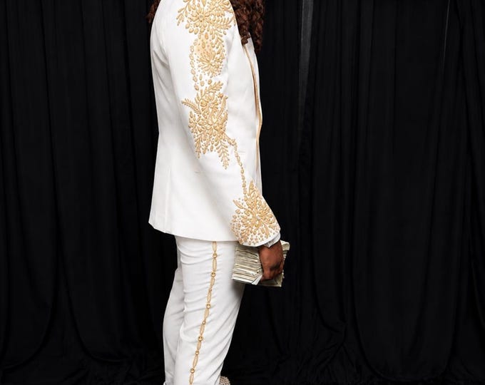 White Suit in Gold Rhinestone, Luxury Embellished Wedding Tuxedo Set