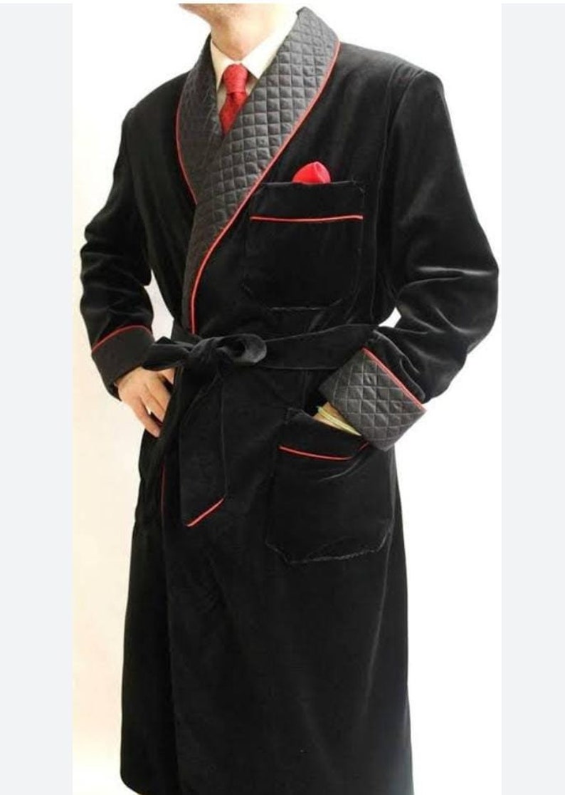 Premium Velvet Dressing Gown Smoking Robe Black Quilted Silk Warm ...