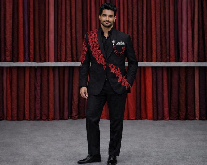 Black Tuxedo with Red Crystal Work | Groom Wedding Suit for Men | Custom Prom Tux