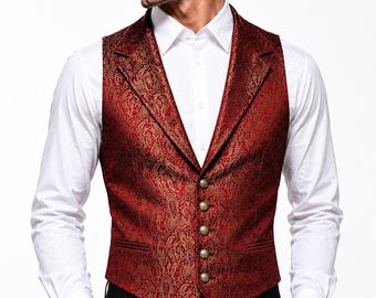 Men's Red Brocade Waistcoat, Gold Wedding Vest, Gothic Vampire Vest