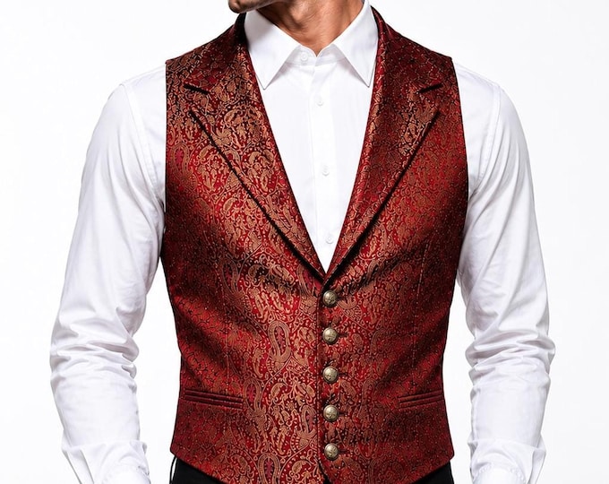 Men's Red Brocade Waistcoat, Gold Wedding Vest, Gothic Vampire Vest