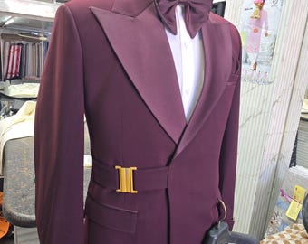 Maroon Tuxedo Suit with Belt Detail | Men's Prom Wedding Blazer, Custom Tailored Formal Outfit