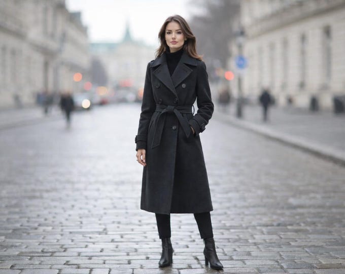 Oversized Black Coat Wool Blend: Double Breasted Trench Women’s Urban Style Paridhan Tailors