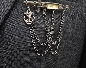 Nautical Sword Anchor Lapel Pin, Maritime Groom Wedding Accessory, Navy Tuxedo Style