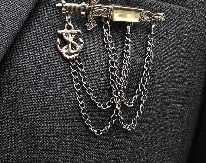 Nautical Sword Anchor Lapel Pin, Maritime Groom Wedding Accessory, Navy Tuxedo Style