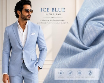Ice Blue Linen Blend Suit Men, Custom Fit, Powder Blue Jacket Trousers