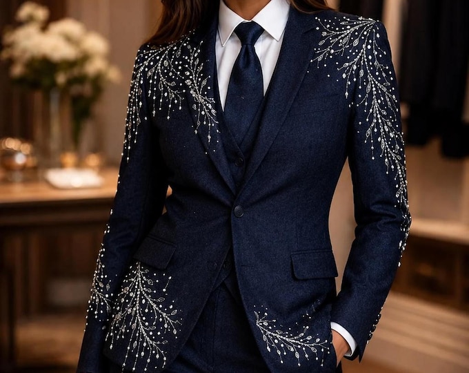 Navy Blue Crystal Embellished Blazer Suit for Women, Luxury Evening Pantsuit, Custom Made