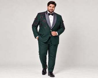 Custom Plus Size Tuxedo for Men, Made-to-Measure Wedding Groom Suit FLORAL WORK, Handcrafted Beads
