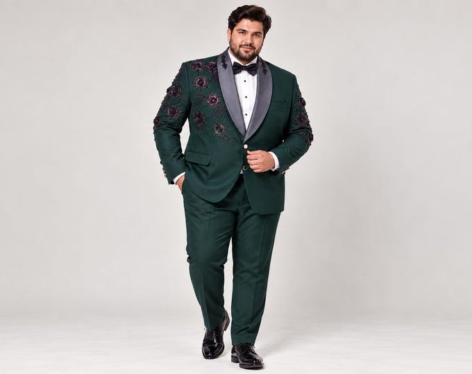 Custom Plus Size Tuxedo for Men, Made-to-Measure Wedding Groom Suit FLORAL WORK, Handcrafted Beads